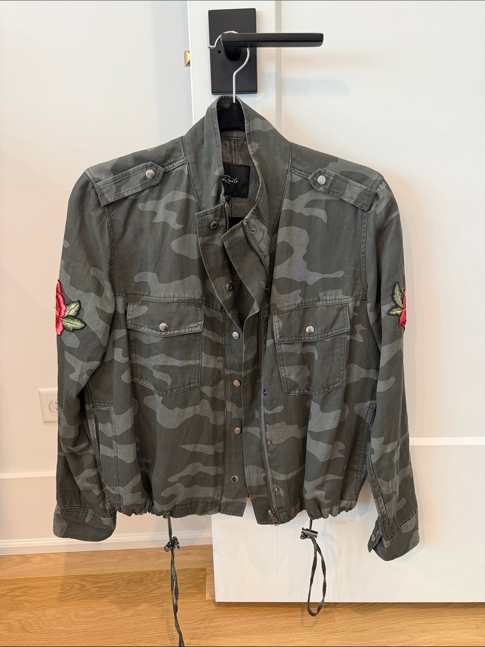 Rails Olive Green Camo Utility Jacket with Rose Sleeve Embroidery